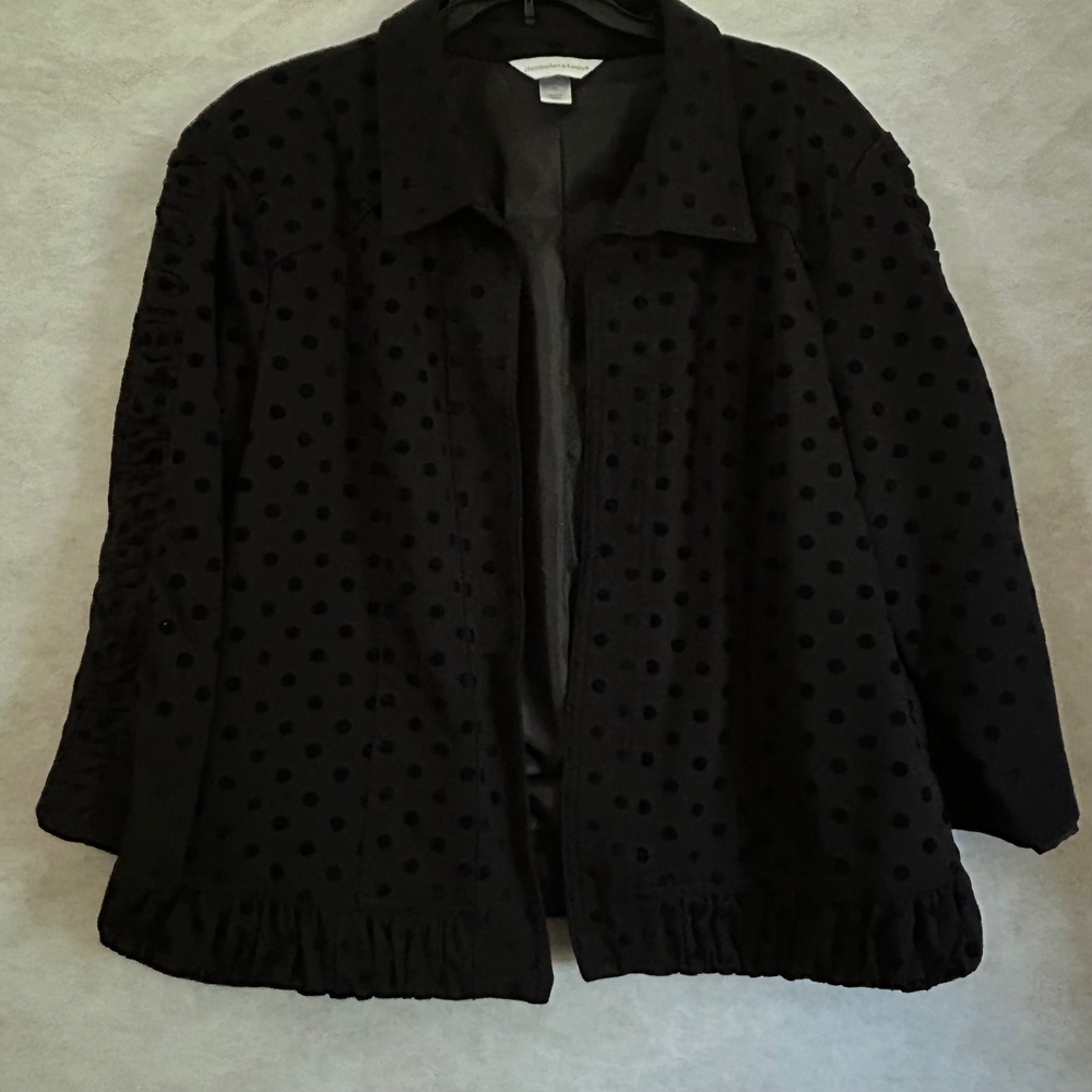Christopher & Banks Black Velvety Polka Dot Open Front Ruffle Jacket XL